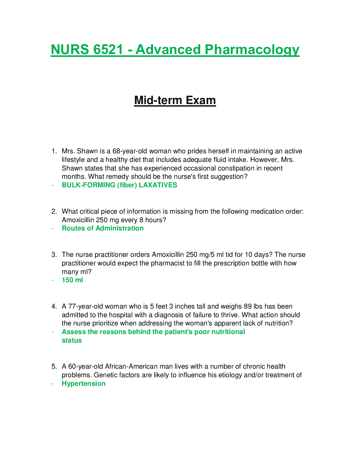 Preview of NURS 6521 / NURS6521 Advanced Pharmacology Mid-term Exam Review (Fall 2020) Walden Univers